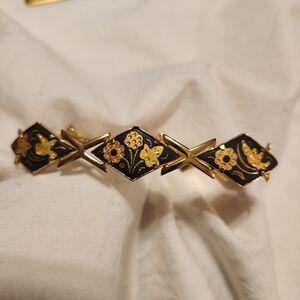 Vintage Black & Gold Damascene Bracelet with Floral